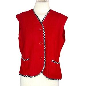 VTG 80'd Red Sleeveless Vest Houndstooth Trim Button Front Pockets new‎ wave